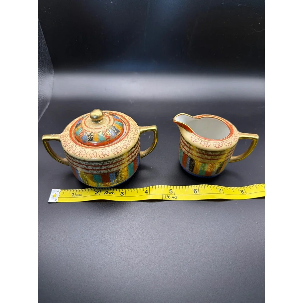 Vintage Mitsu-Boshi Japan Thousand Faces Porcelain Sugar Bowl and Creamer Set
